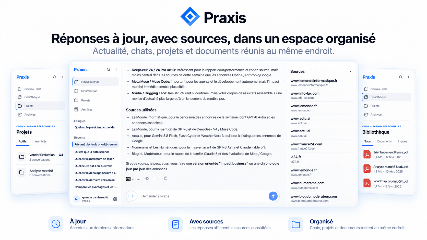 Espace de travail Praxis réunissant projets, conversations, documents et sources